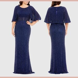 NEW MAC DUGGAL [ PLUS 18W ] 5361 Embellished‎ Cape Sleeve Gown Midnight Blue